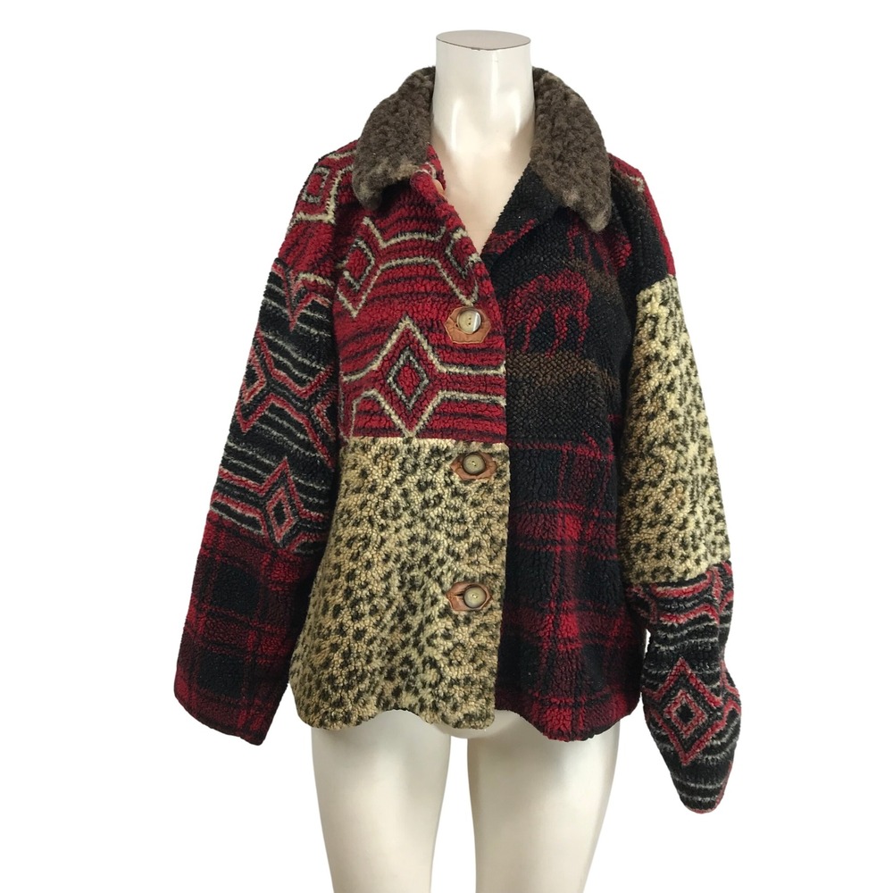 Tasha Polizzi TP Saddleblanket Patchwork Fleece Jacket Leopard Southwestern S
